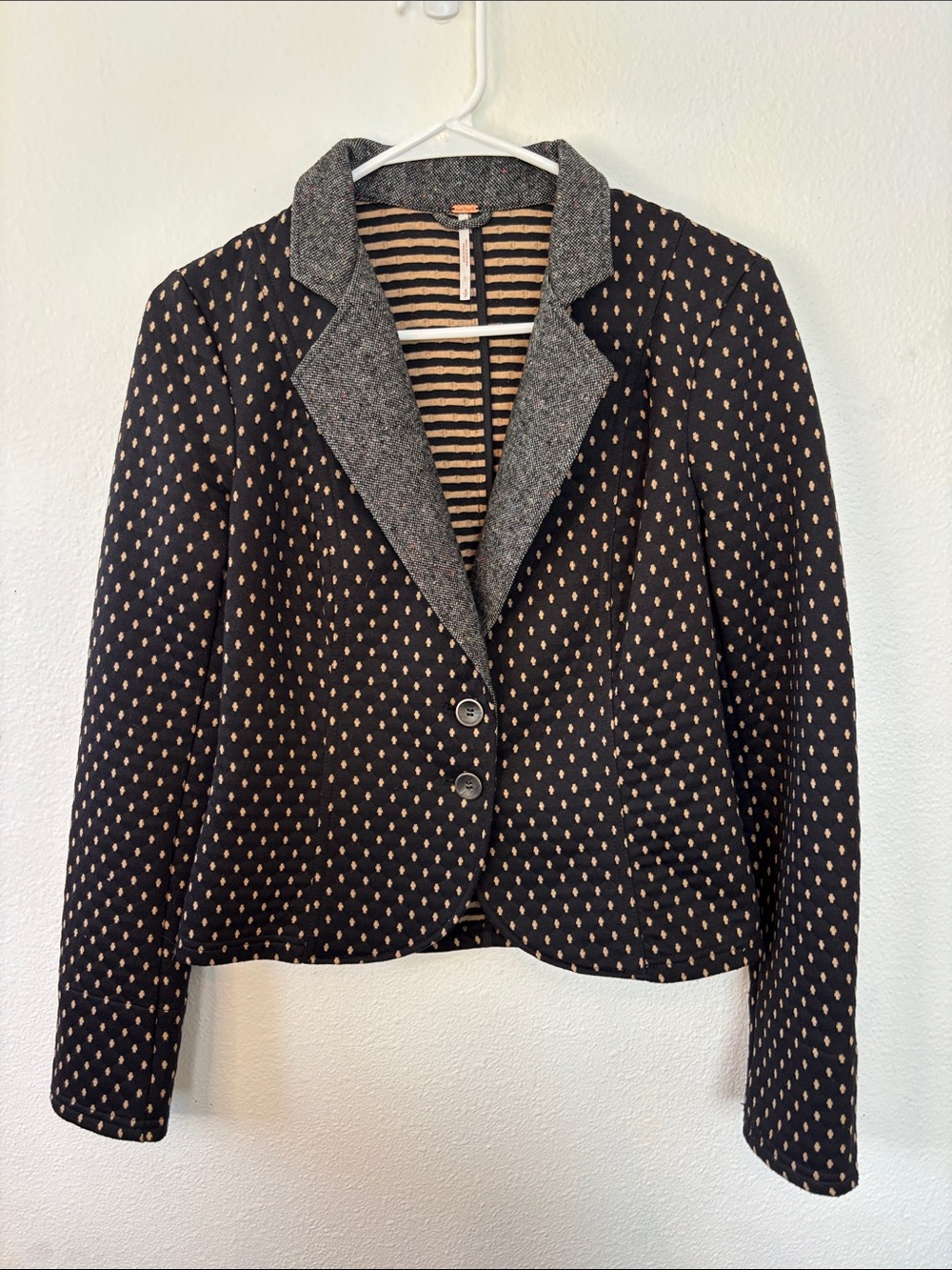 Free People Black  Navy Blazer with Tan Dot Motif and Gray Notch Collar -538sku